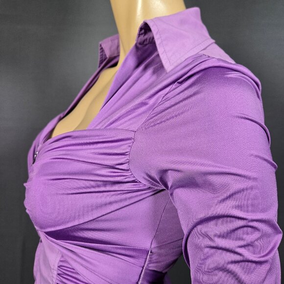 Y2K Zip Up Tie Back Blouse Office Siren Whimsigoth Size S Purple Fitted Ruched - Picture 7 of 13